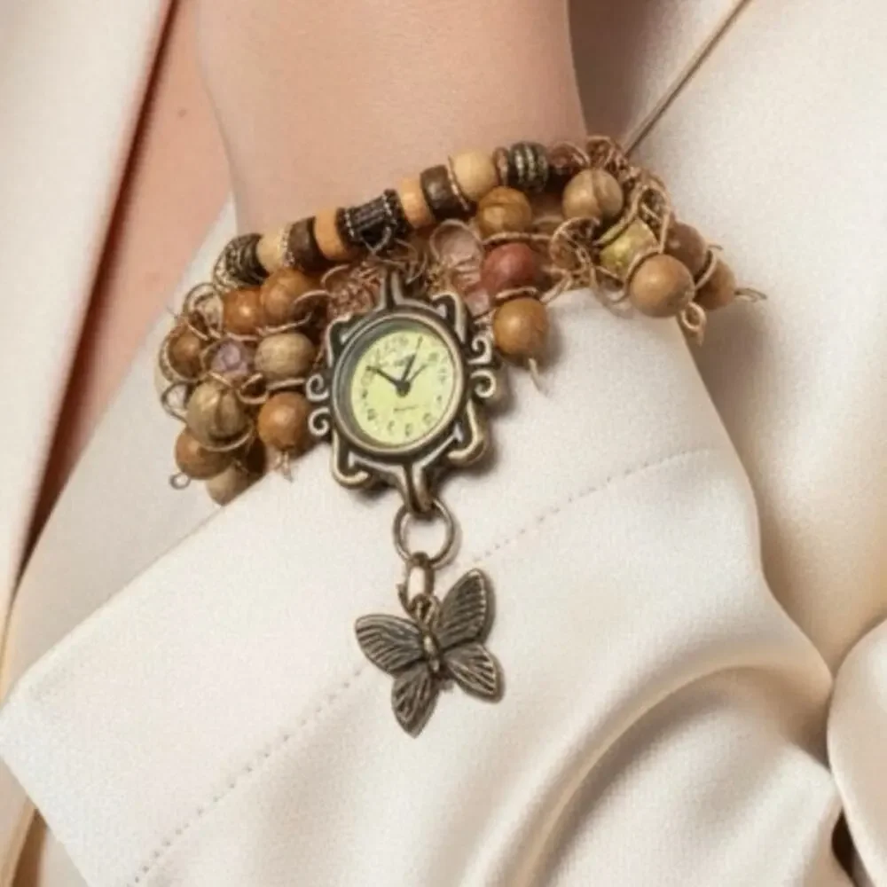 Handmade Boho Butterfly Watch Bracelet NEW Battery Wood & Stone Bead Cuff